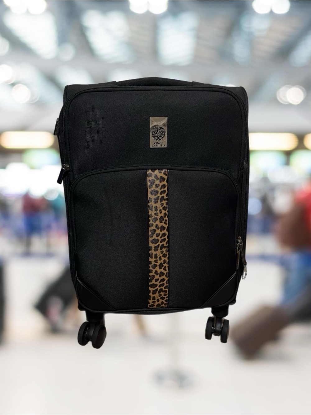 Vinca Camuto Black Canvas & Leopard Print Spinner Carry-On Suitcase